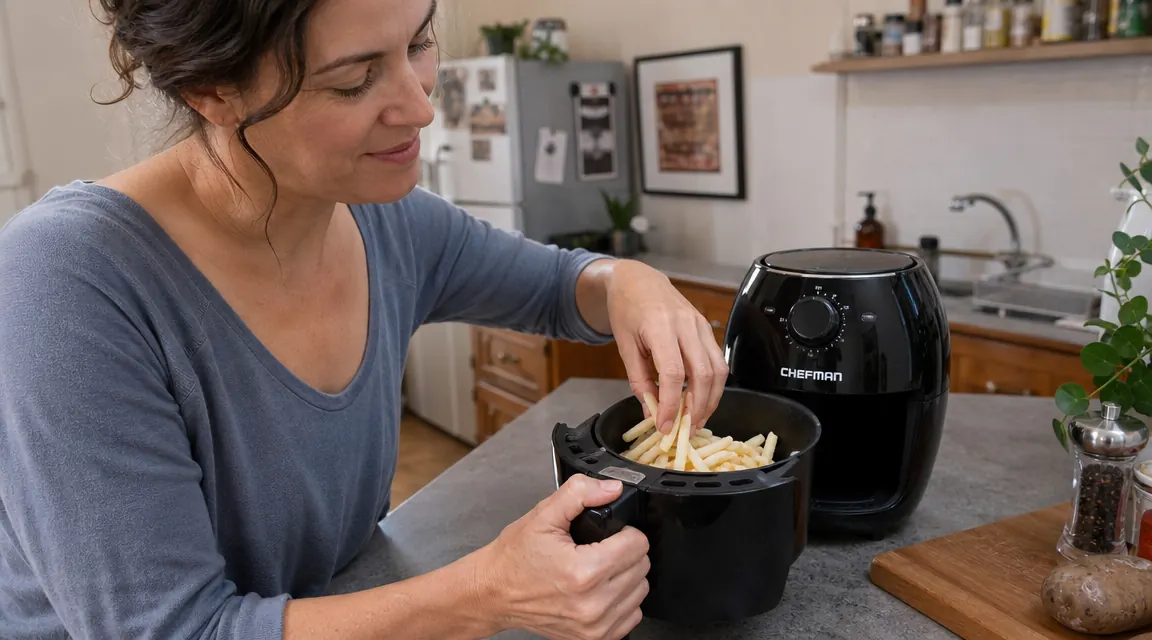 Hand placing a small batch of frozen fries into a compact air fryer basket