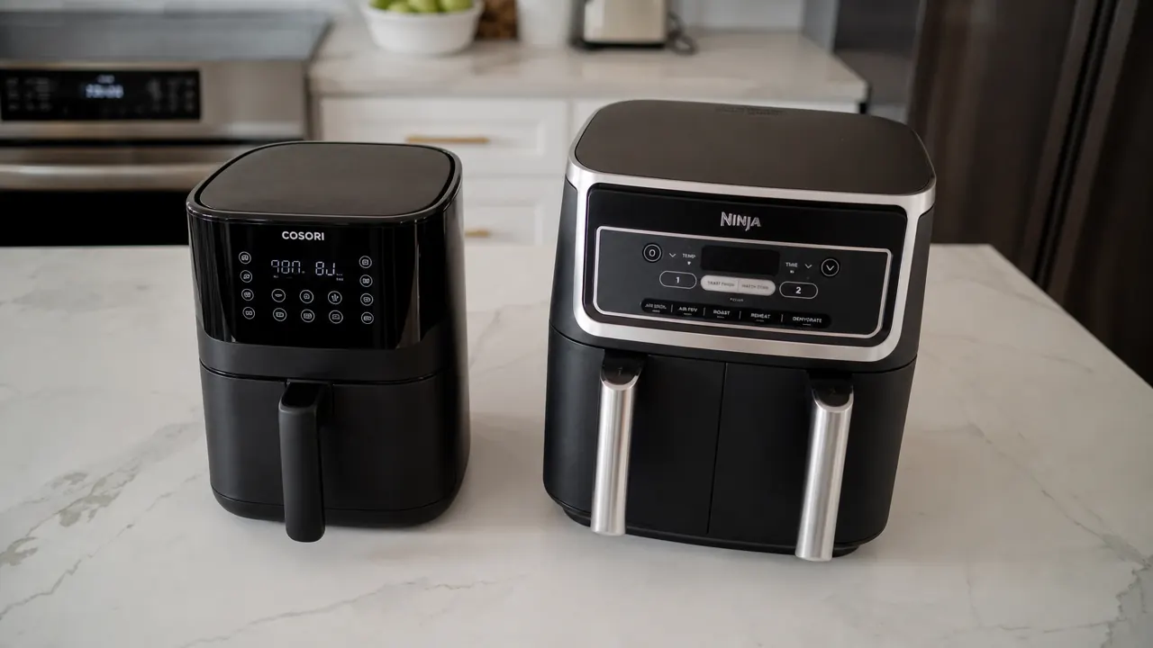 Size comparison showing a compact air fryer next to a standard full-size air fryer on a counter