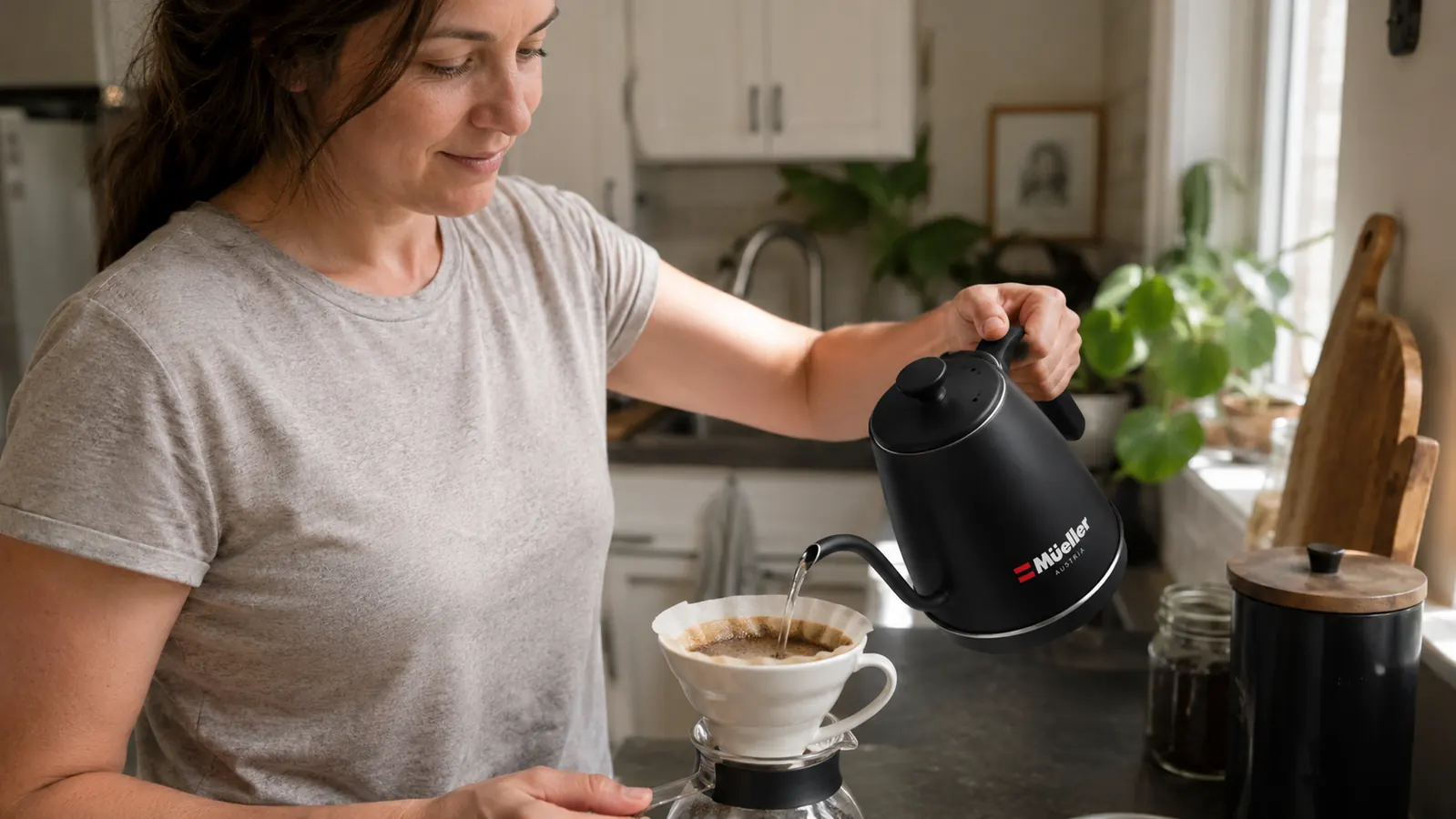 Hand lifting the Mueller electric kettle to pour boiling water into a pour-over coffee dripper