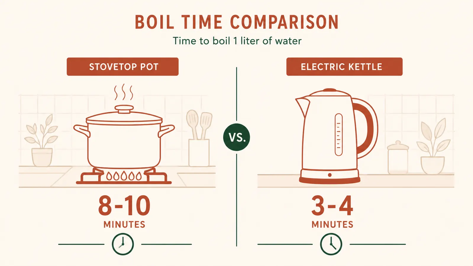 Side-by-side comparison showing a stovetop pot and an electric kettle with boil times labeled