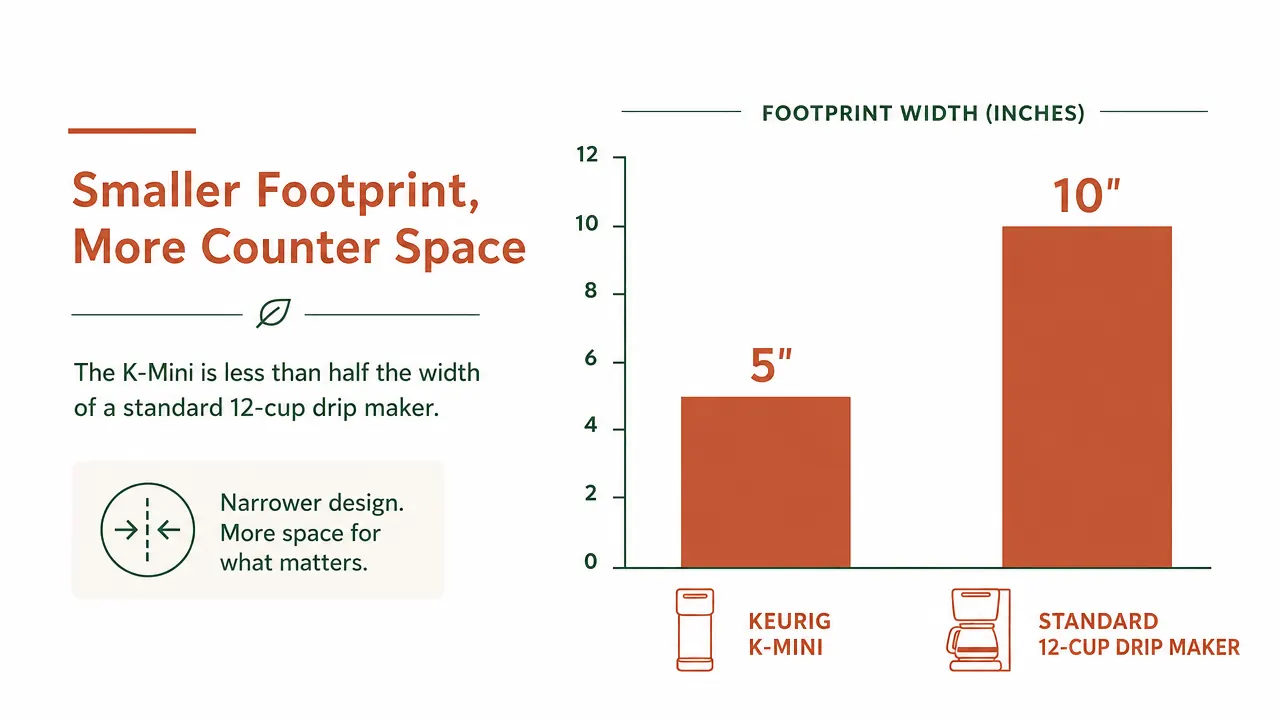 Side-by-side width comparison chart showing Keurig K-Mini versus a standard 12-cup drip coffee maker