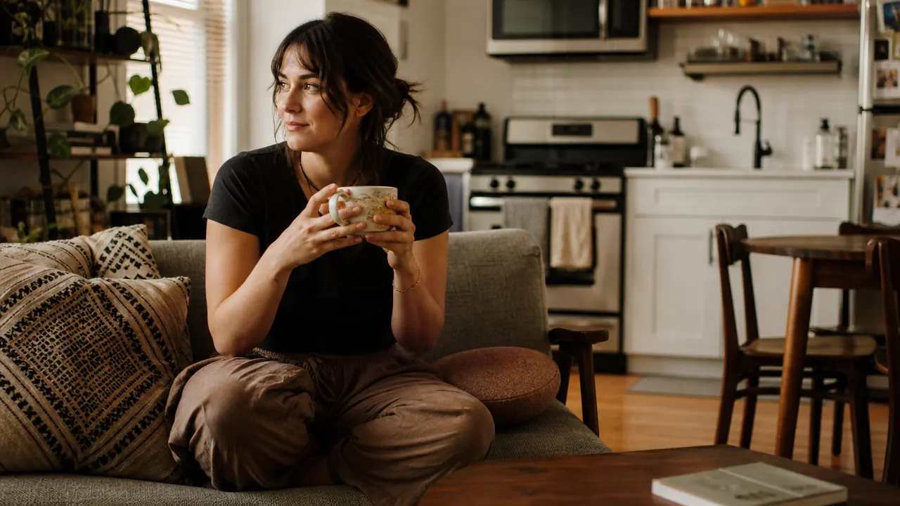 Person relaxing on a small apartment couch holding a mug of coffee, kitchen visible in the background