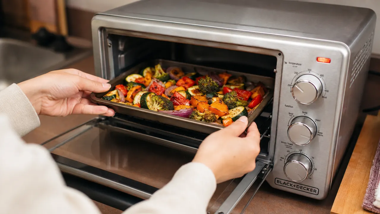 Person sliding a small baking tray with roasted vegetables into the BLACK+DECKER TO1313SBD toaster oven