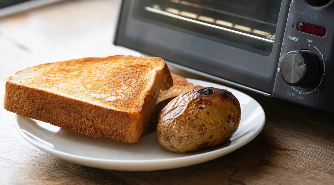 Perfectly browned toast and a small baked potato fresh out of a compact toaster oven on a white plate