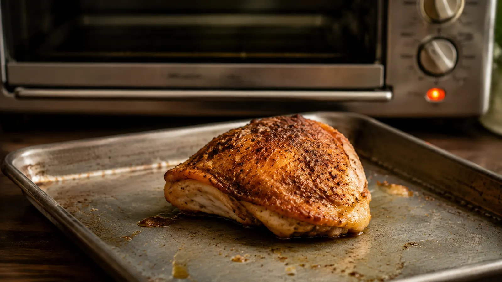 A perfectly roasted chicken thigh on a toaster oven pan, golden brown skin, rustic kitchen background