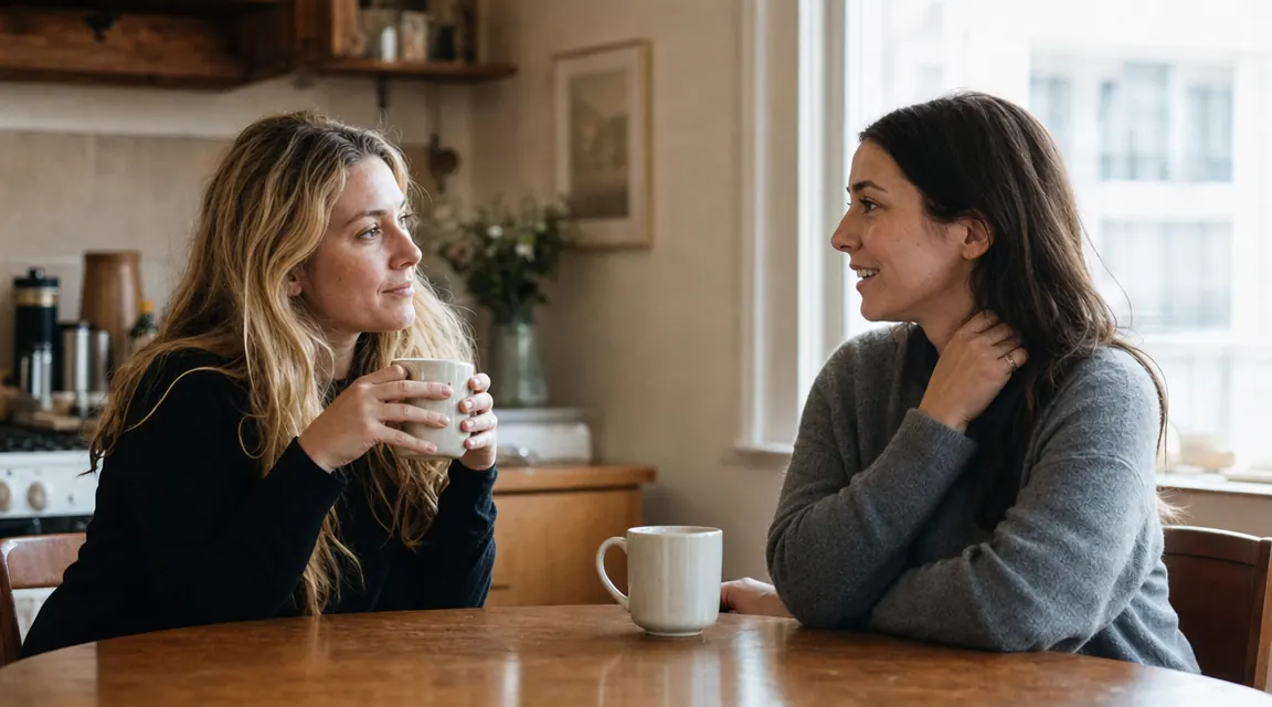 Two women talking at a small kitchen table over coffee, casual and warm