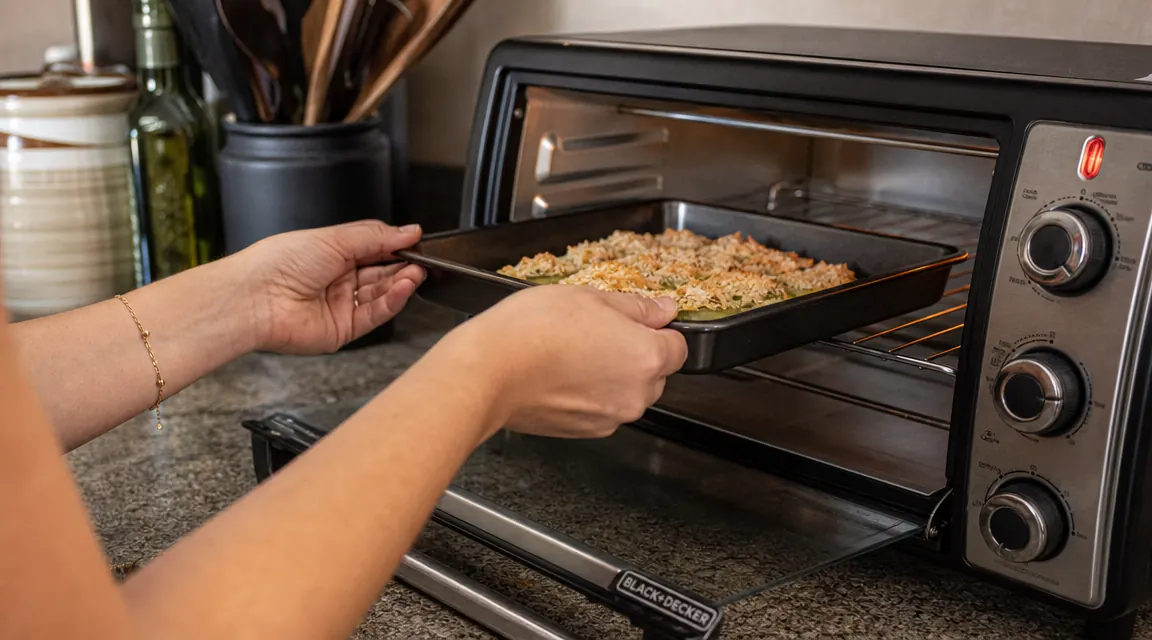 Hand placing a small baking sheet into the BLACK+DECKER TO1313SBD toaster oven rack