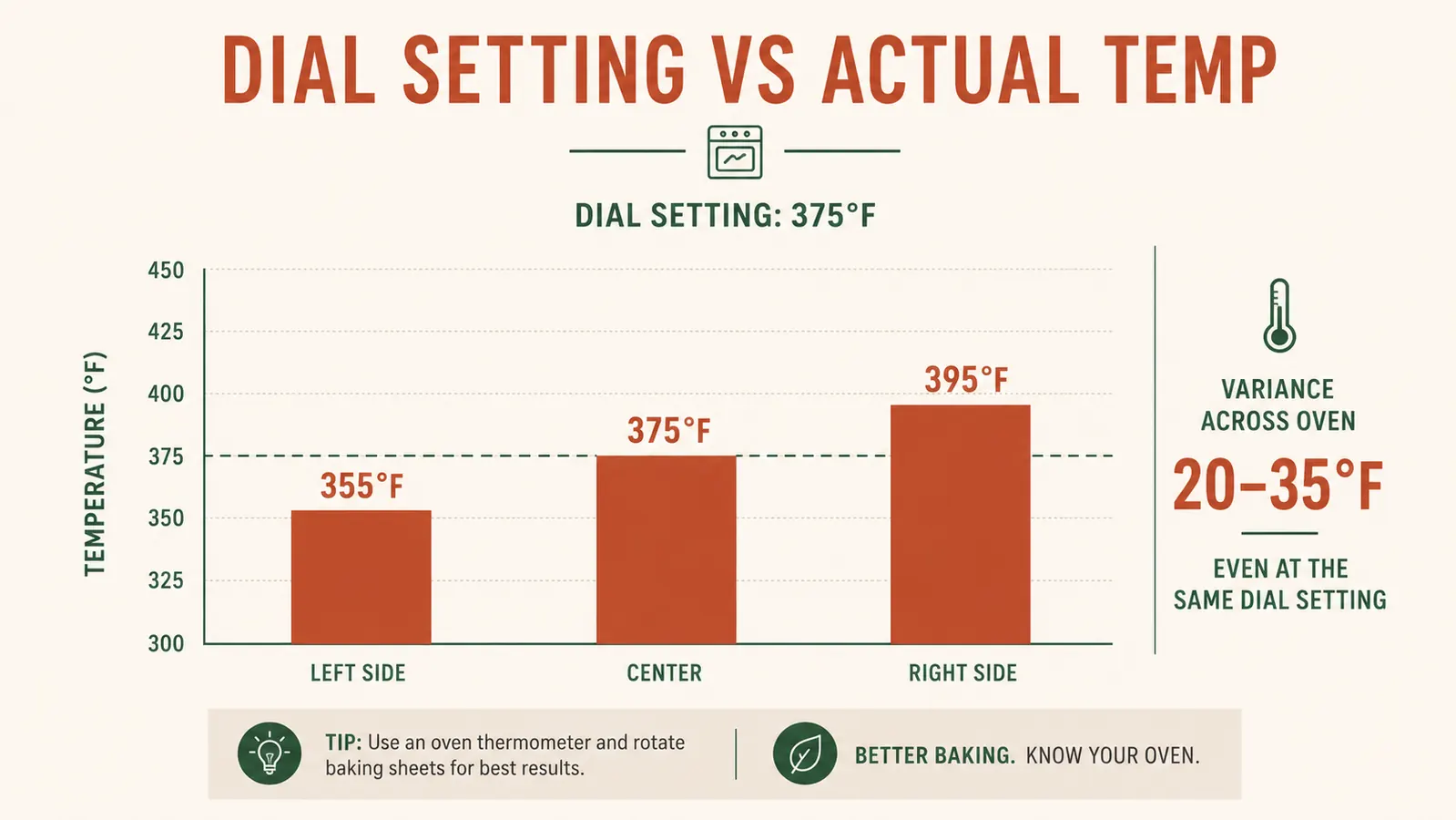 Chart showing temperature variance inside a small toaster oven compared to its dial setting, with measurements across three zones