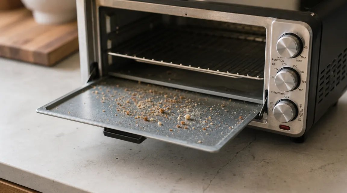 Crumb tray pulled out from under a toaster oven showing accumulated crumbs, resting on a kitchen counter