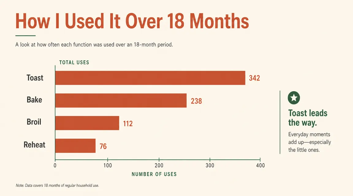 Chart showing frequency of use across toast, bake, broil, and reheat functions over eighteen months