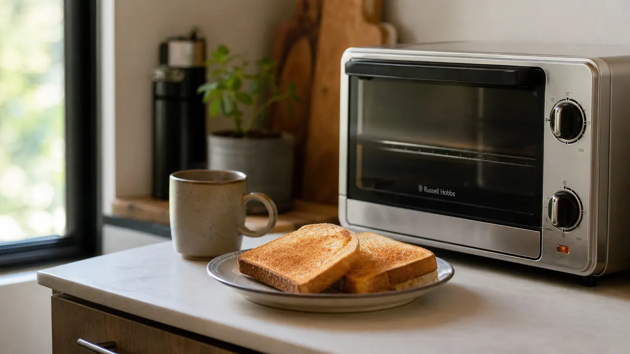 Perfectly golden toast slices on a small plate next to the BLACK+DECKER toaster oven on a countertop