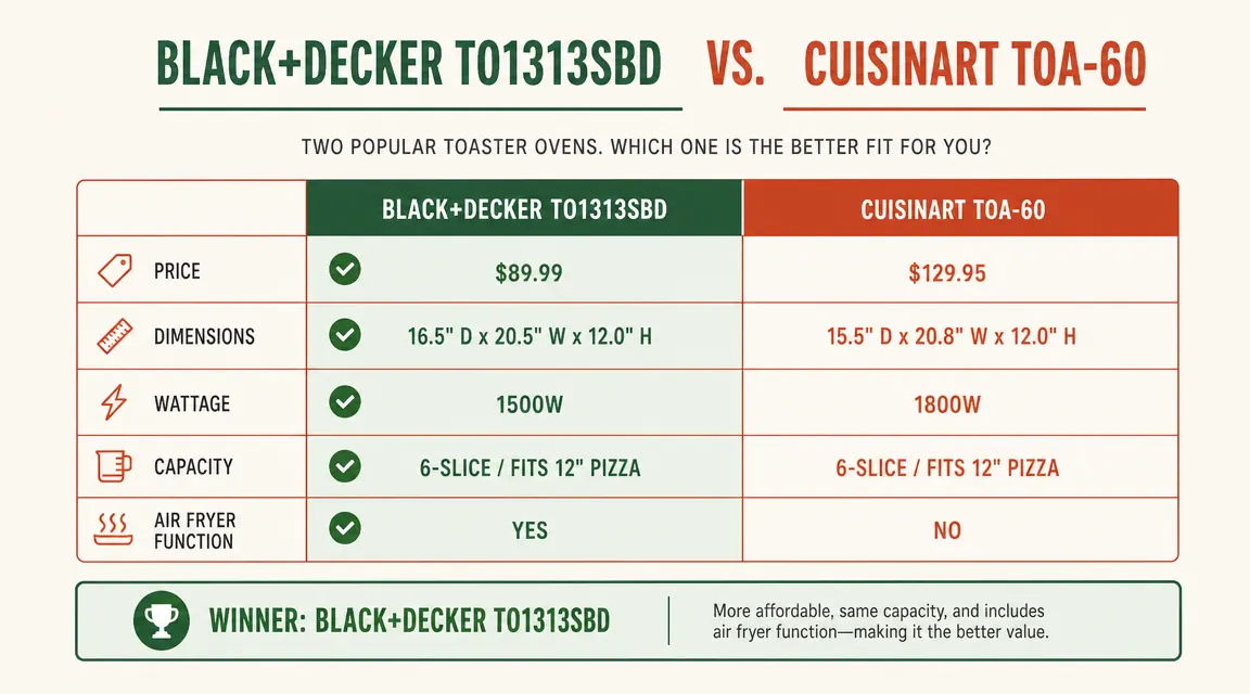 Side-by-side comparison chart showing BLACK+DECKER vs Cuisinart TOA-60 price, size, and features