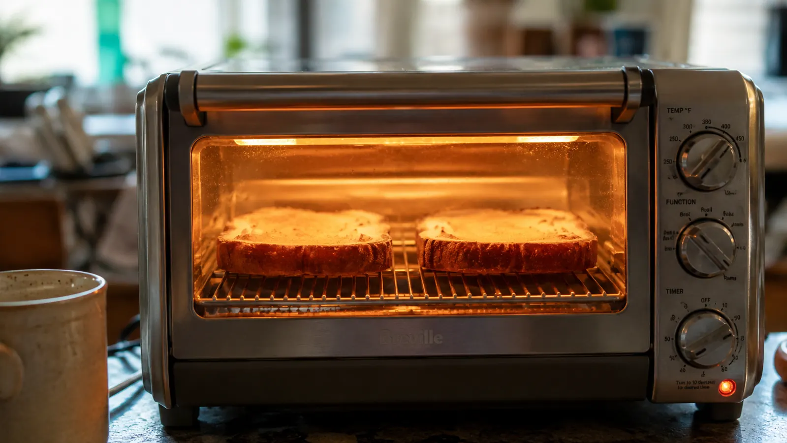 Slices of toast browning evenly inside a small toaster oven