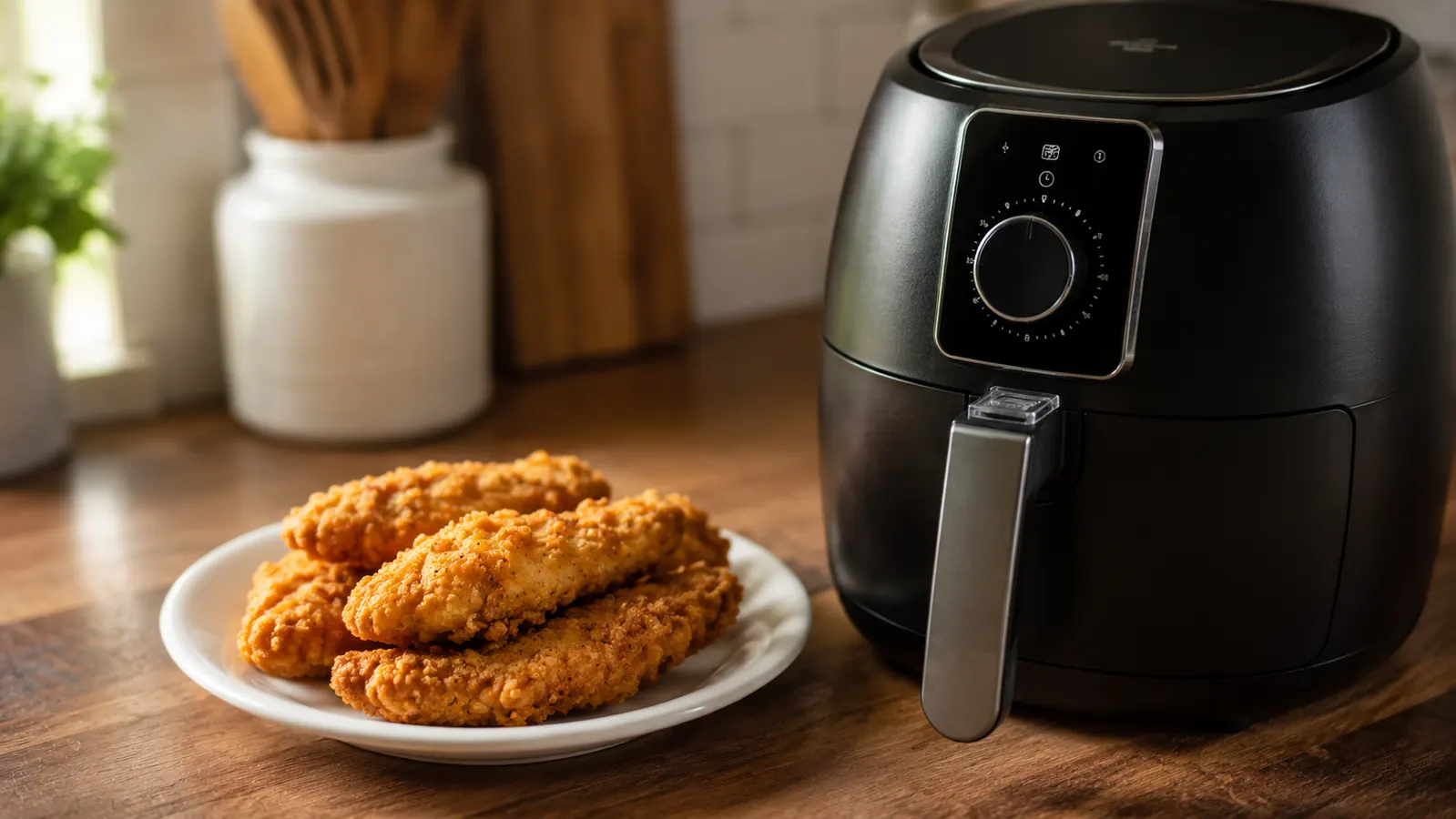 Golden crispy chicken tenders on a small white plate next to the compact air fryer, kitchen counter in background