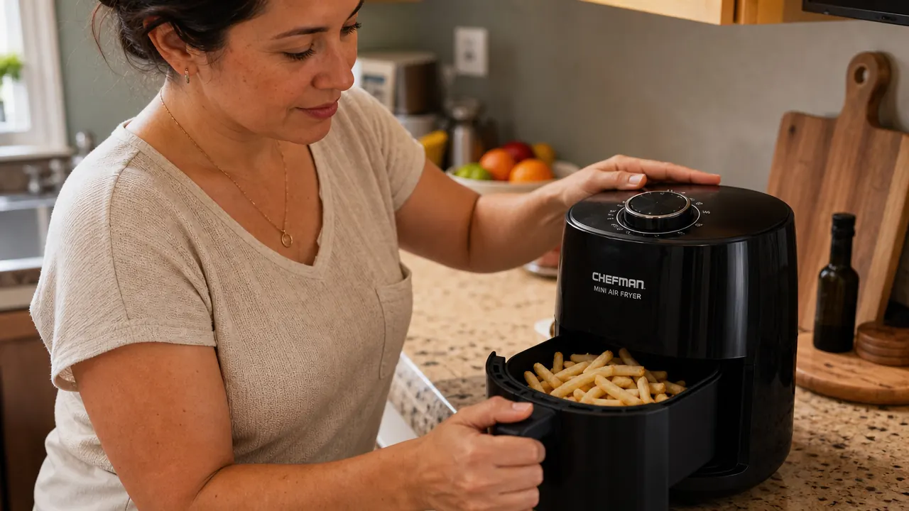 Hand opening the CHEFMAN Mini Air Fryer basket showing frozen fries inside the 2-quart compartment
