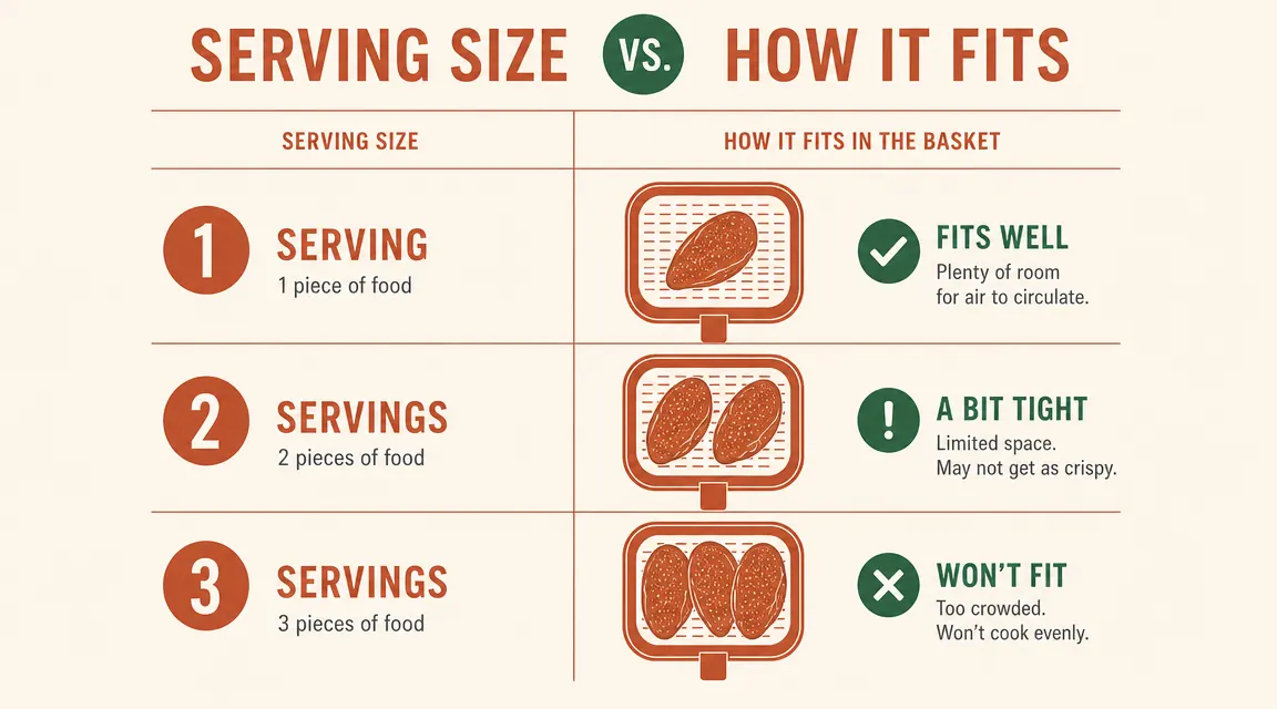 Side-by-side comparison chart showing single serving versus two-serving food capacity in a compact air fryer
