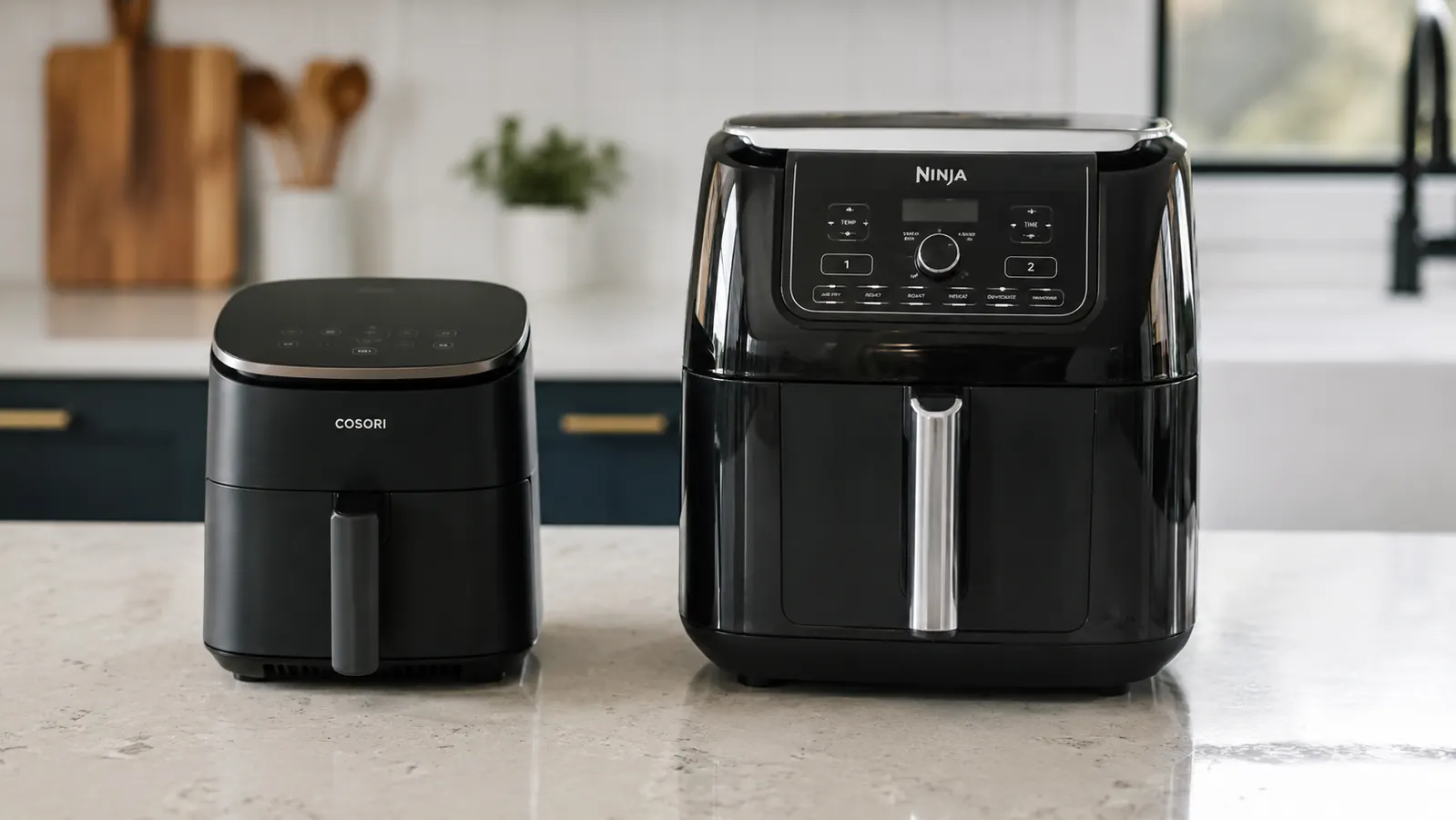 CHEFMAN Mini Air Fryer next to a full-size air fryer showing the size difference on a kitchen counter