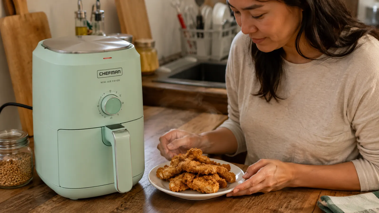 Perfectly crispy chicken strips on a small plate next to the CHEFMAN Mini Air Fryer
