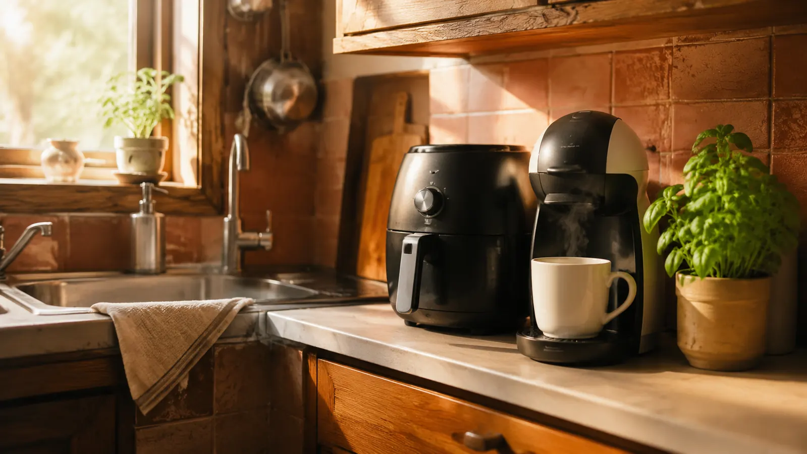 A tidy small kitchen counter in warm morning light, calm and inviting