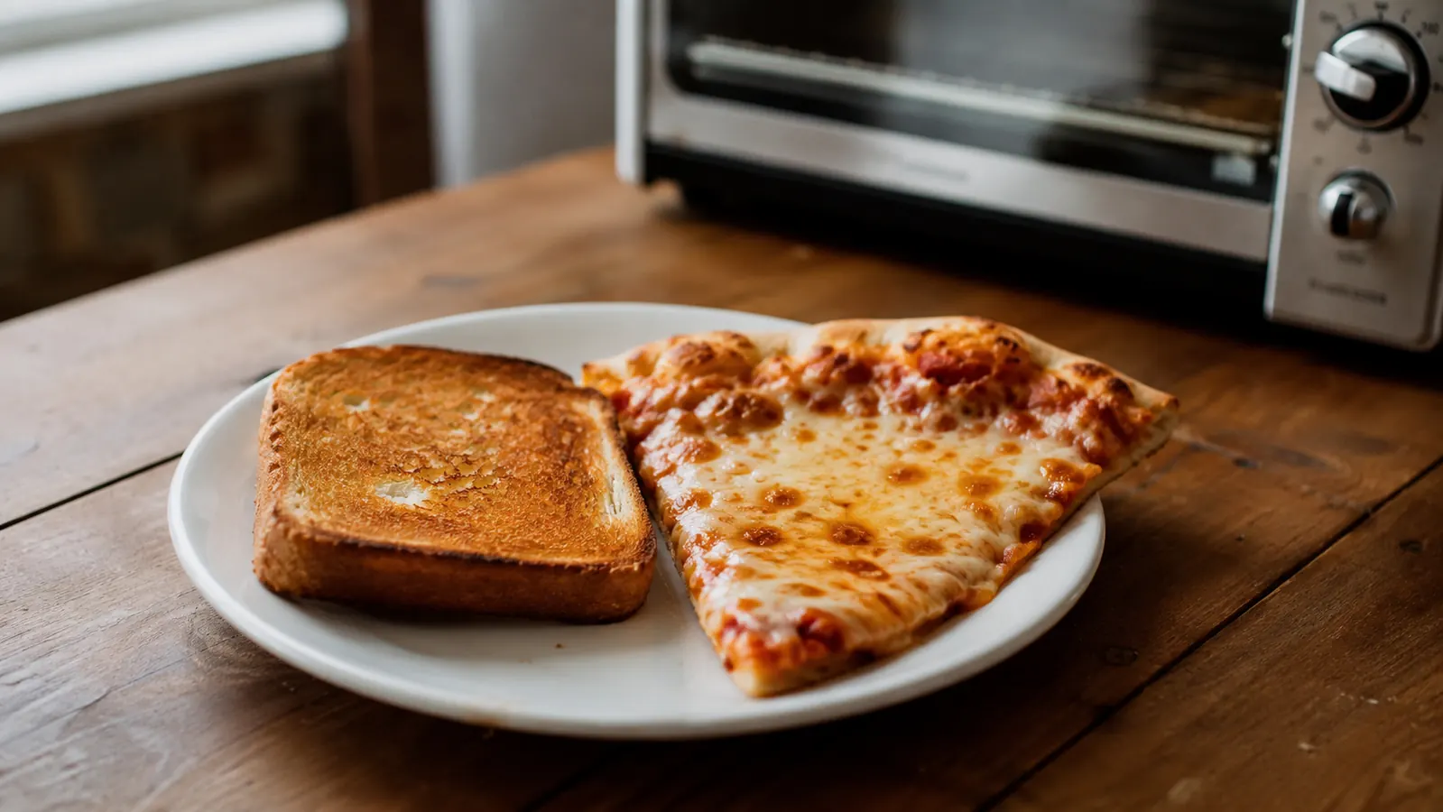 Perfectly toasted slice of bread and reheated slice of pizza side by side on a plate next to a compact toaster oven