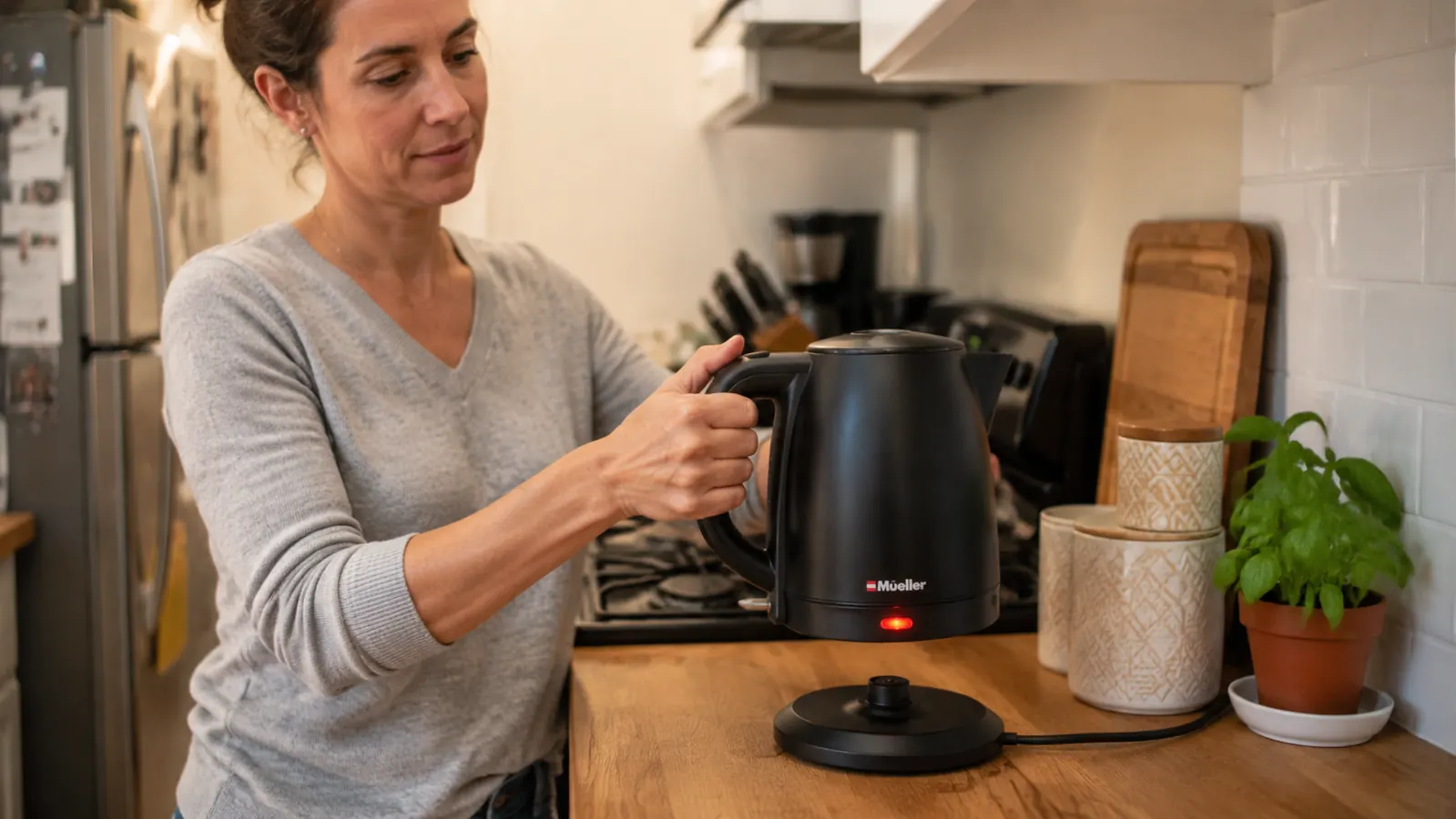 Hand placing Mueller electric kettle on its base on a wooden countertop