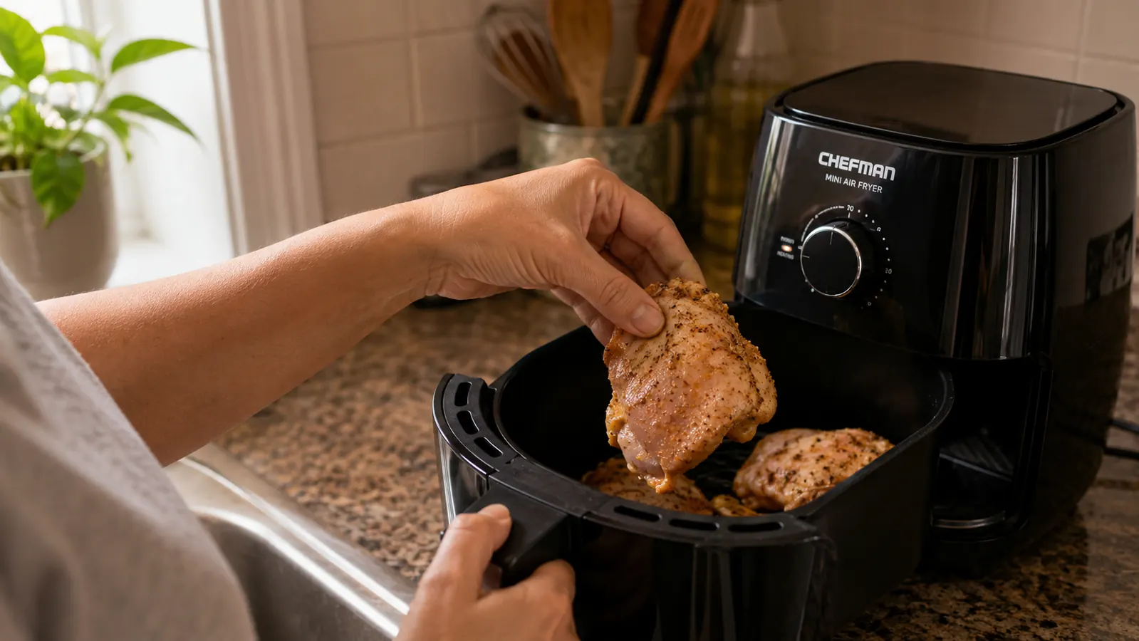 Hand placing food into the basket of a small CHEFMAN air fryer on an apartment counter