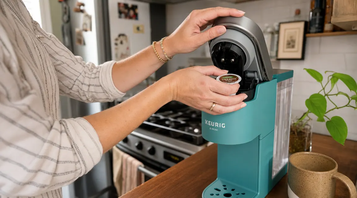 Hands placing a K-Cup pod into the Keurig K-Mini coffee maker on a kitchen counter