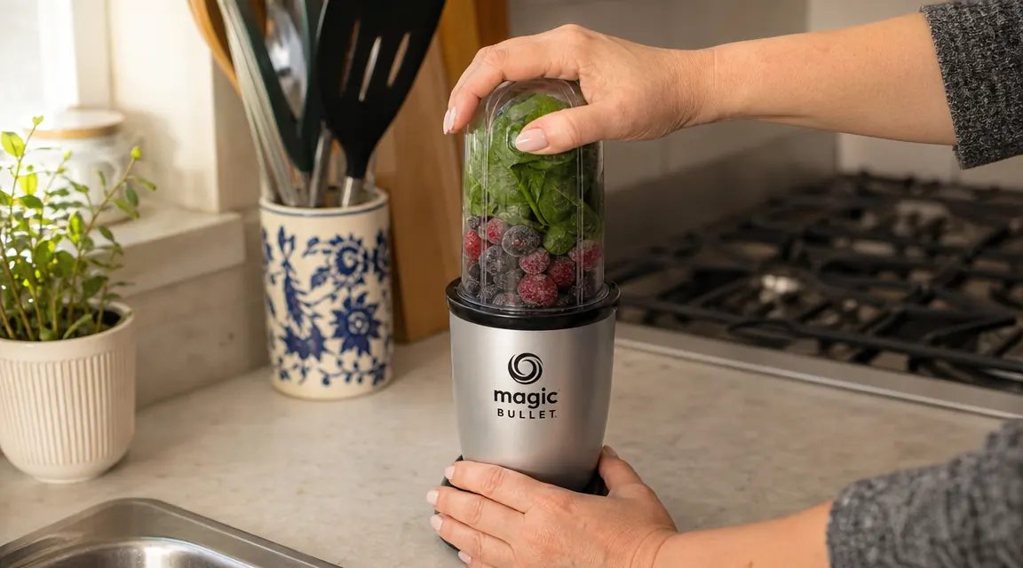 Hand pressing the Magic Bullet blender cup down onto the motor base on a small apartment counter