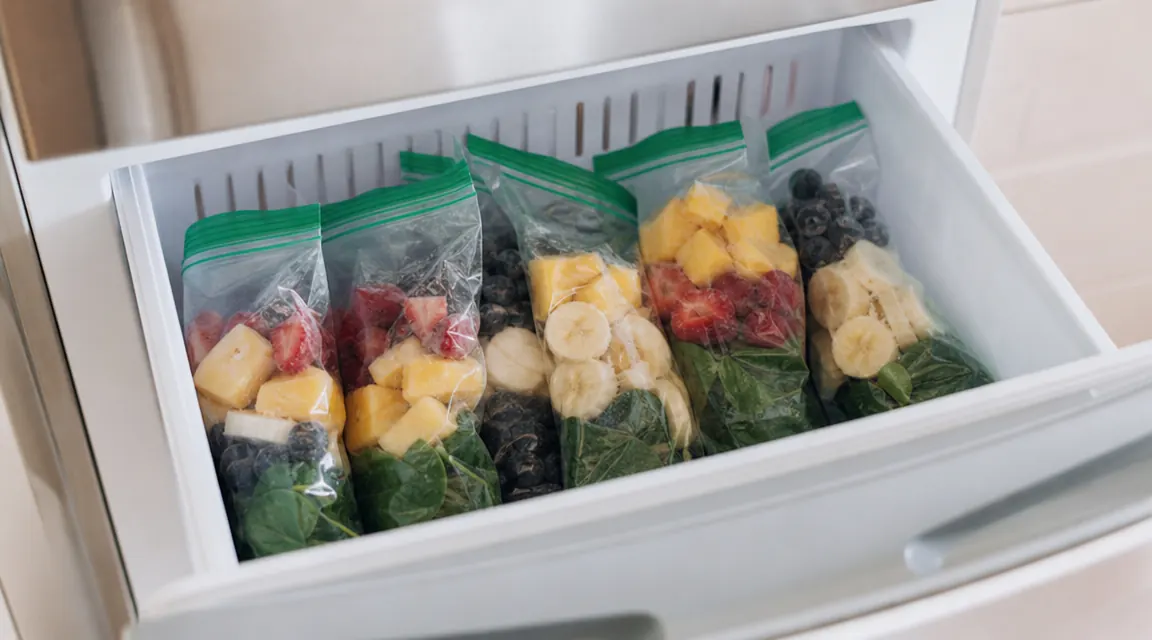 Zip-lock bags of pre-portioned frozen smoothie ingredients laid flat in a freezer drawer