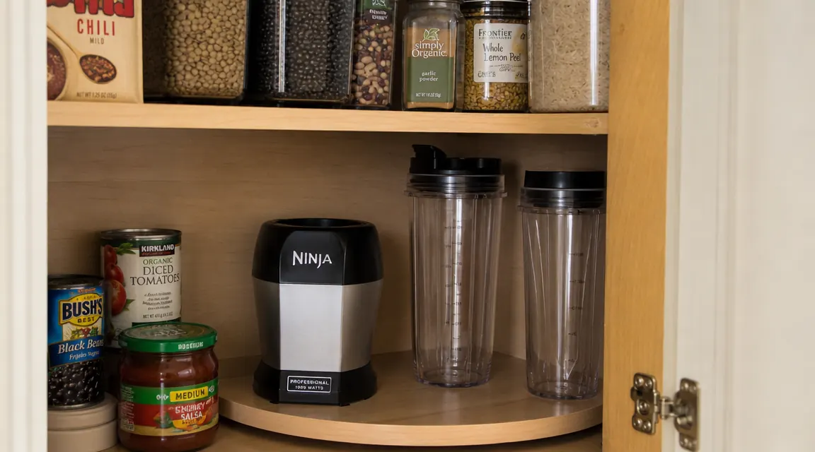 Compact personal blender stored upright in a cabinet next to a row of pantry items, cup facing down on a shelf