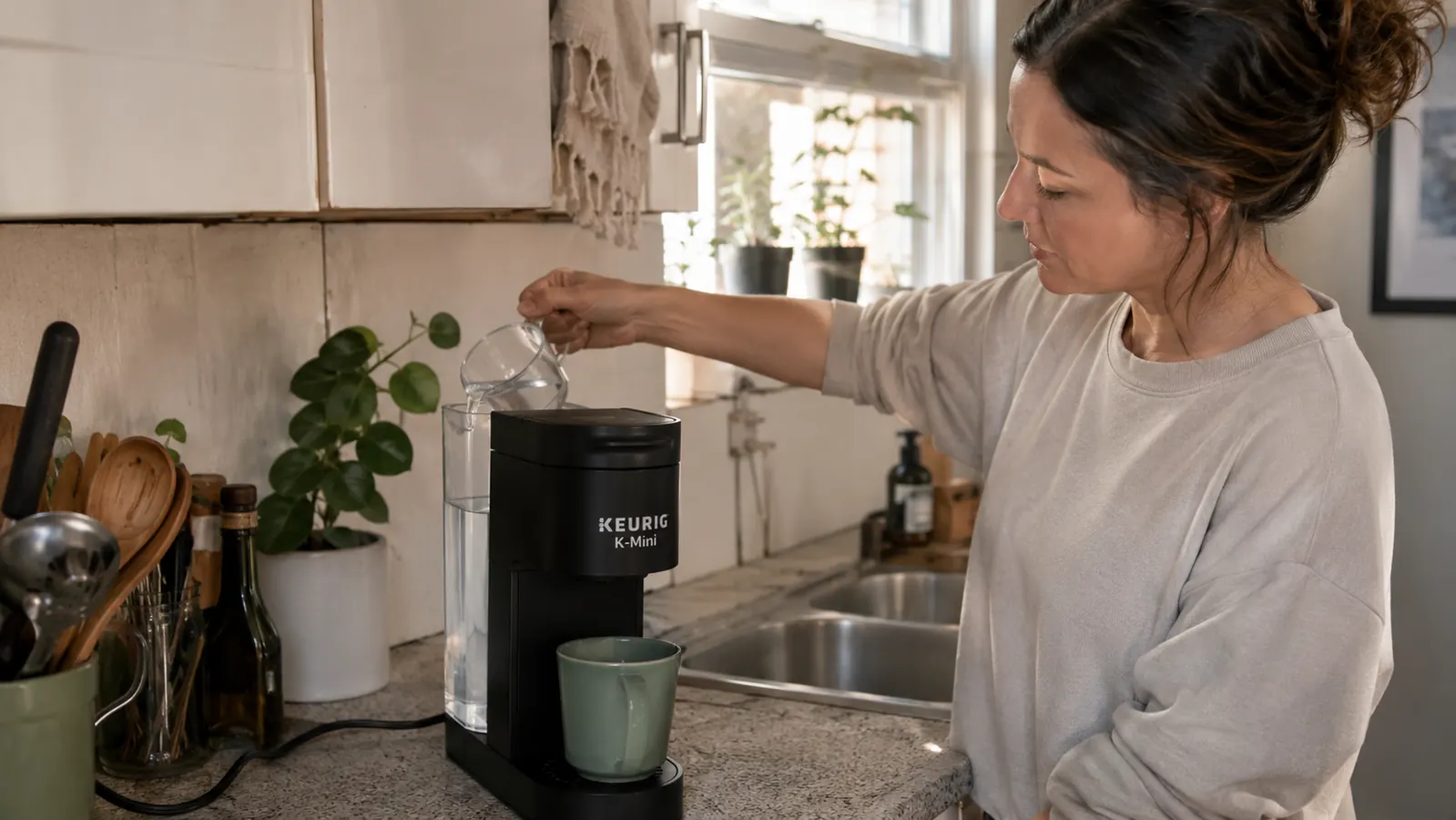 Hand filling the Keurig K-Mini water reservoir with a measuring cup before brewing