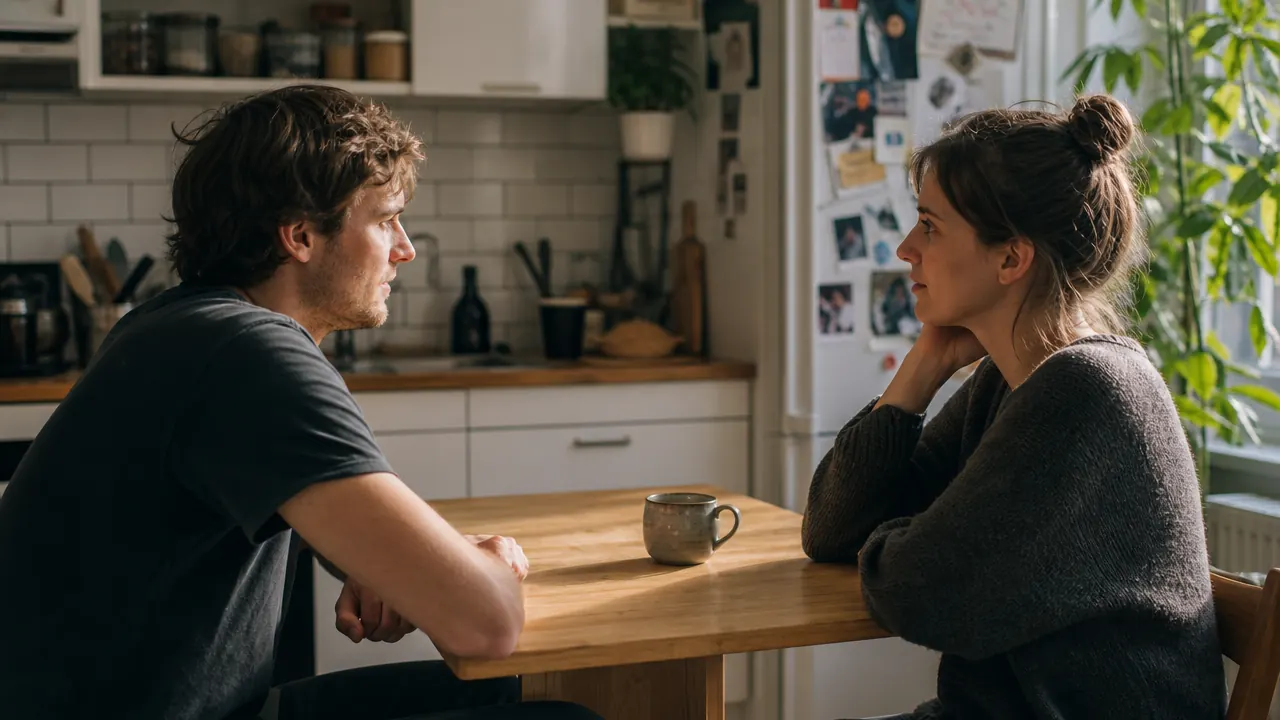 Two people at a small kitchen table with only one coffee mug, illustrating the single-serve limitation when guests visit