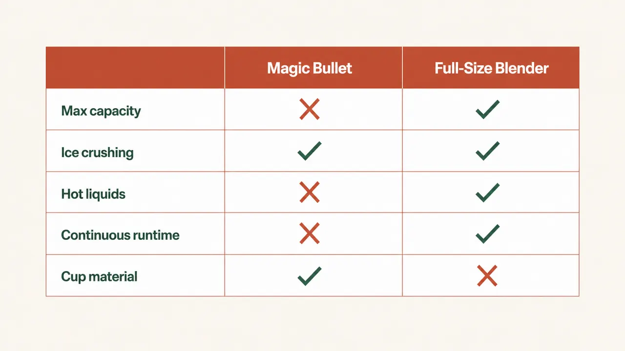 Side-by-side comparison chart of Magic Bullet versus full-size blender capabilities