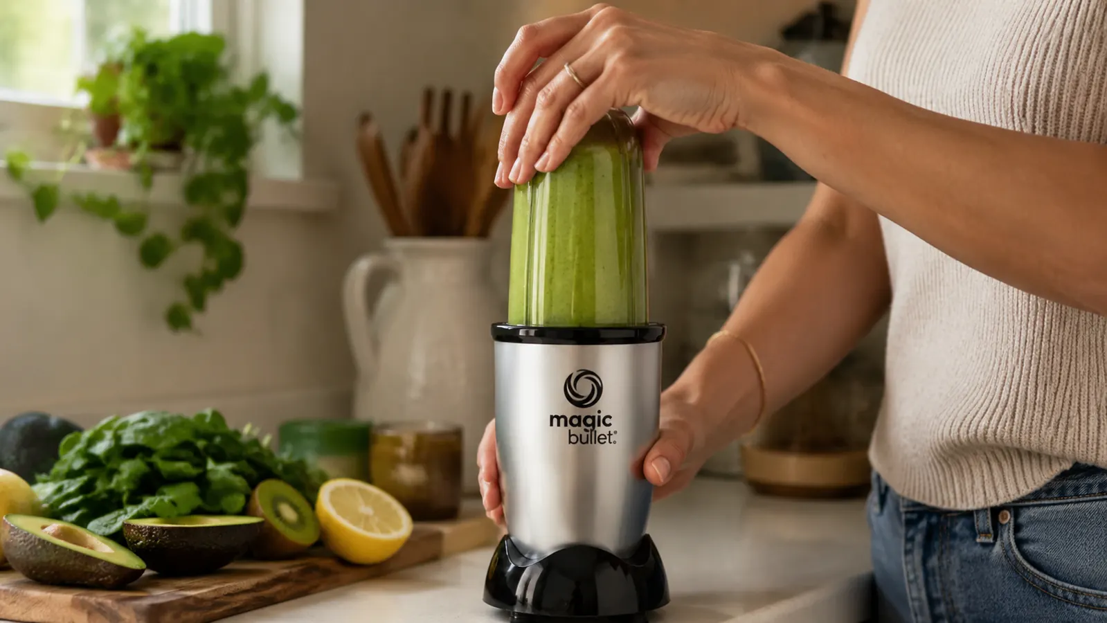 Hand twisting a Magic Bullet cup onto the base to blend a green smoothie