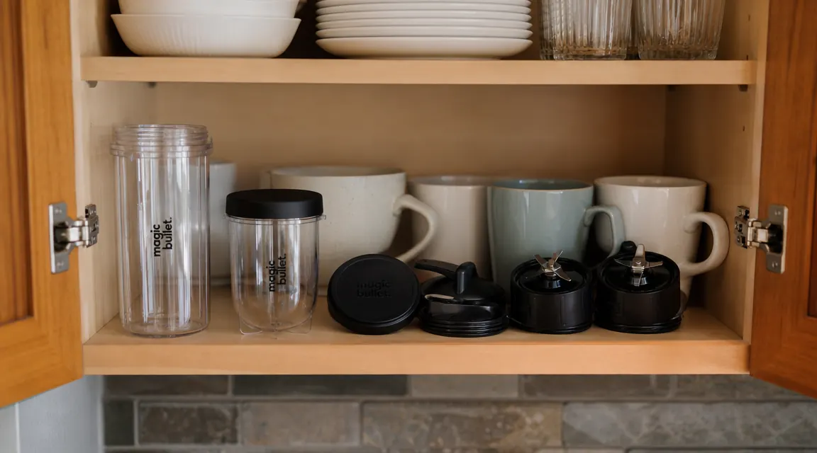 Magic Bullet cups, lids, and blade attachments organized inside a small kitchen cabinet
