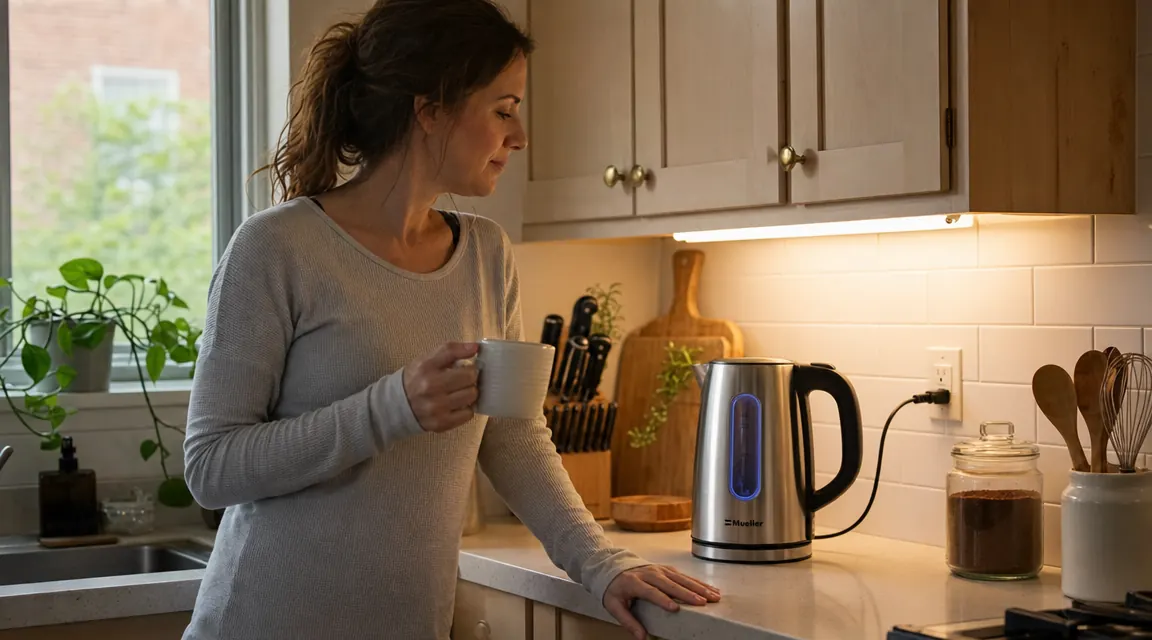 Mueller electric kettle on a kitchen counter with a visible cord-wrap base and the 1.8 liter capacity mark on the glass carafe