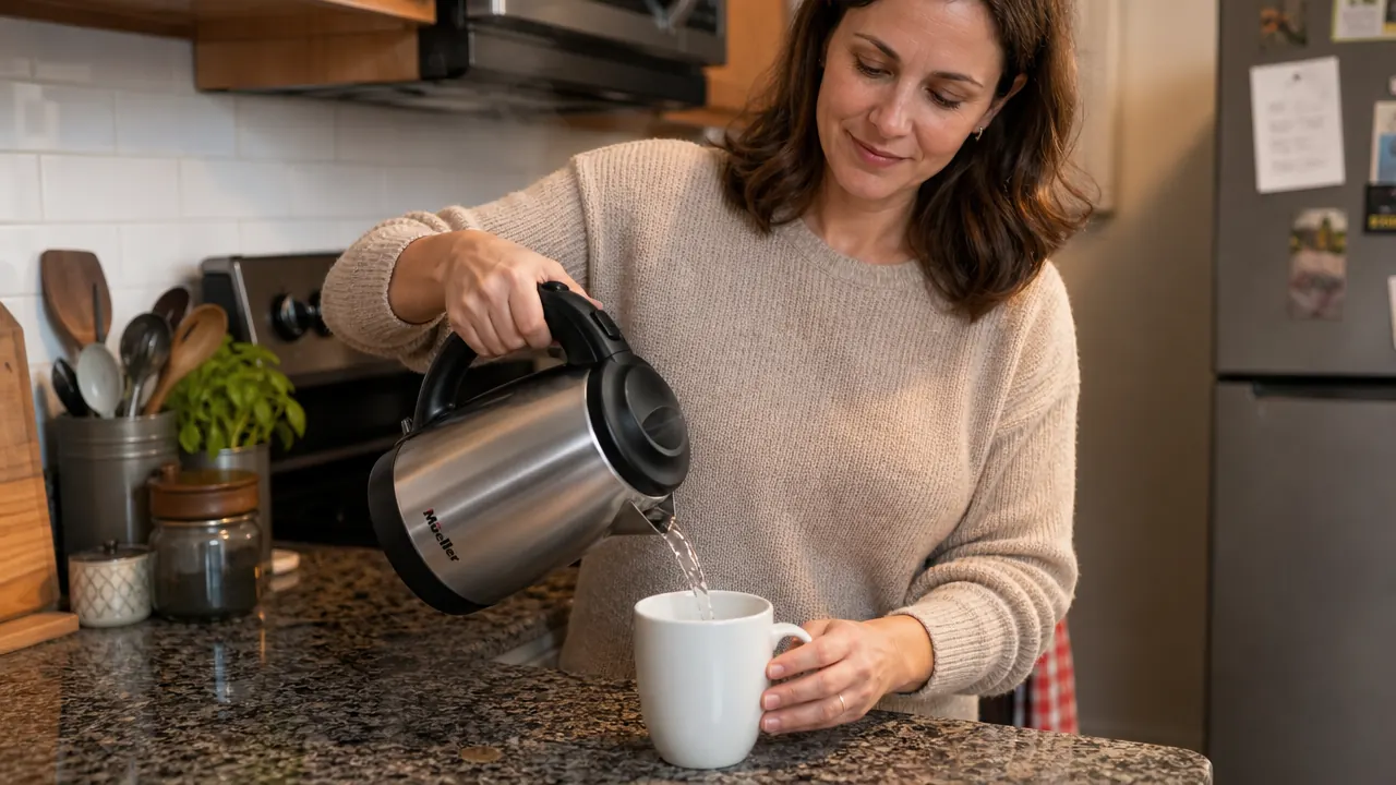 Hand lifting the Mueller electric kettle by its handle to pour hot water into a pour-over coffee dripper set on a mug